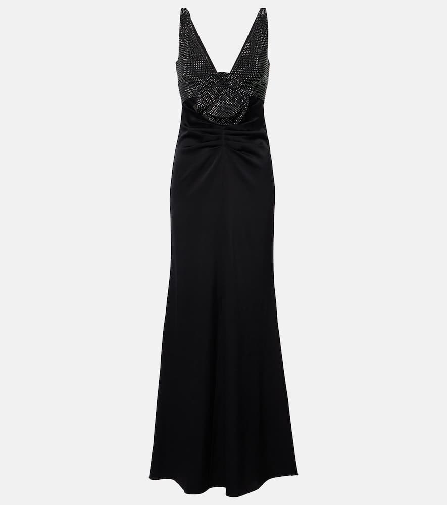 Floral-appliqué embellished satin crêpe gown