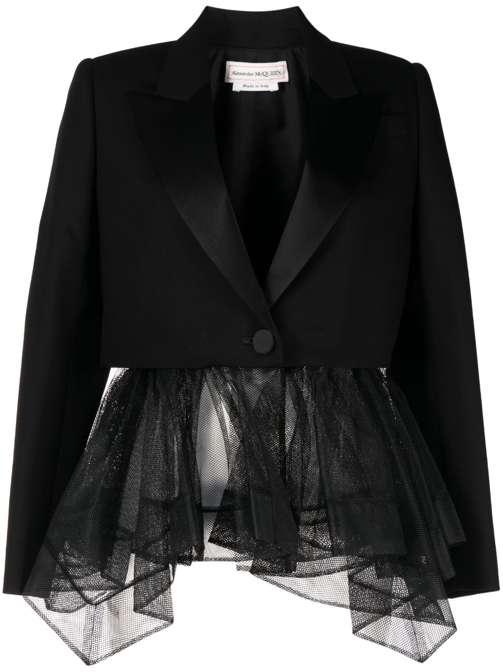 Single-breasted tulle-inserts blazer - Black
