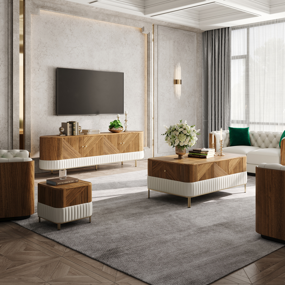 Living Room Cabinet Set Mid-Century Modern Walnut & Leather TV Stand & Coffee Table & Side Table Set