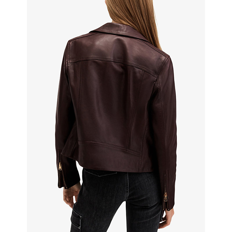 Womens Oxblood Red Dalby Regular-fit Cropped Leather Biker Jacket