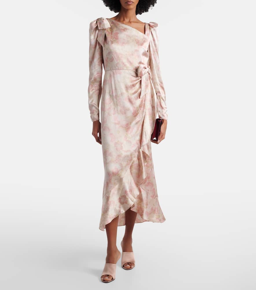 Bow-detail floral silk satin midi dress