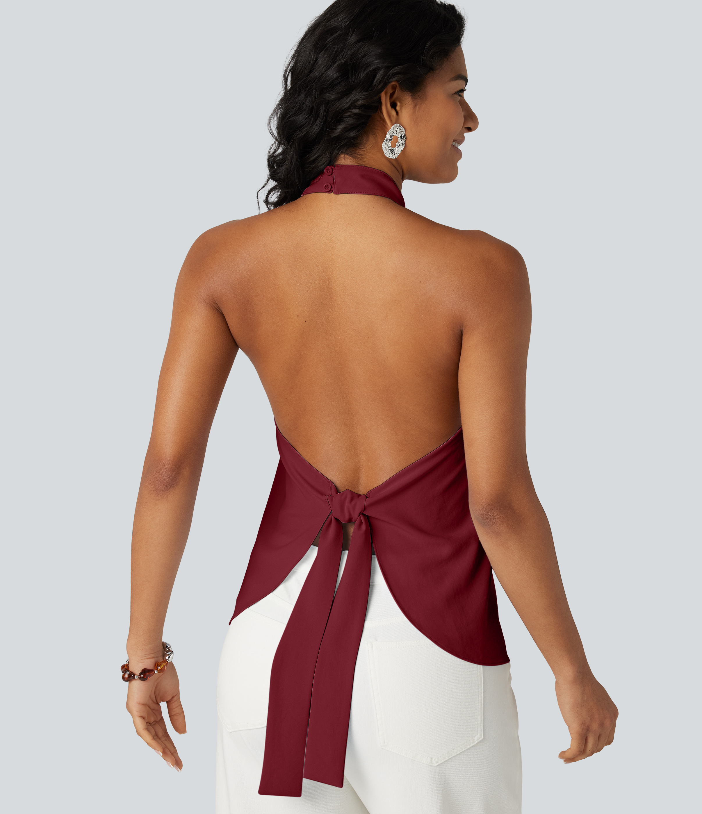 Backless Tie-back Casual Halter Top Tank Top - Ruby Wine