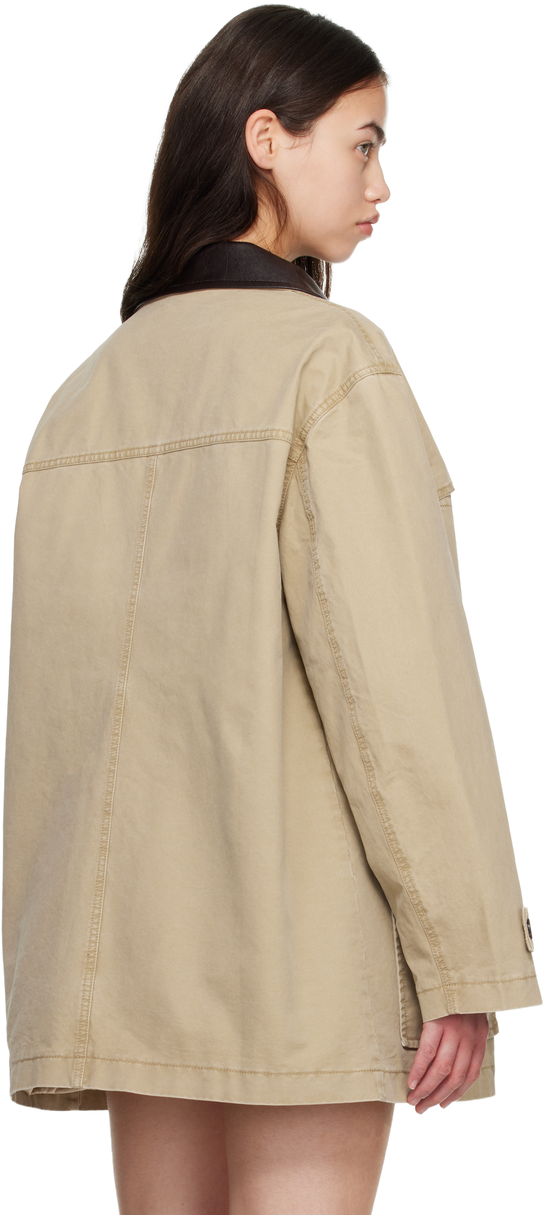 Khaki Leather-Collar Multi-Pockets Distressed Jacket