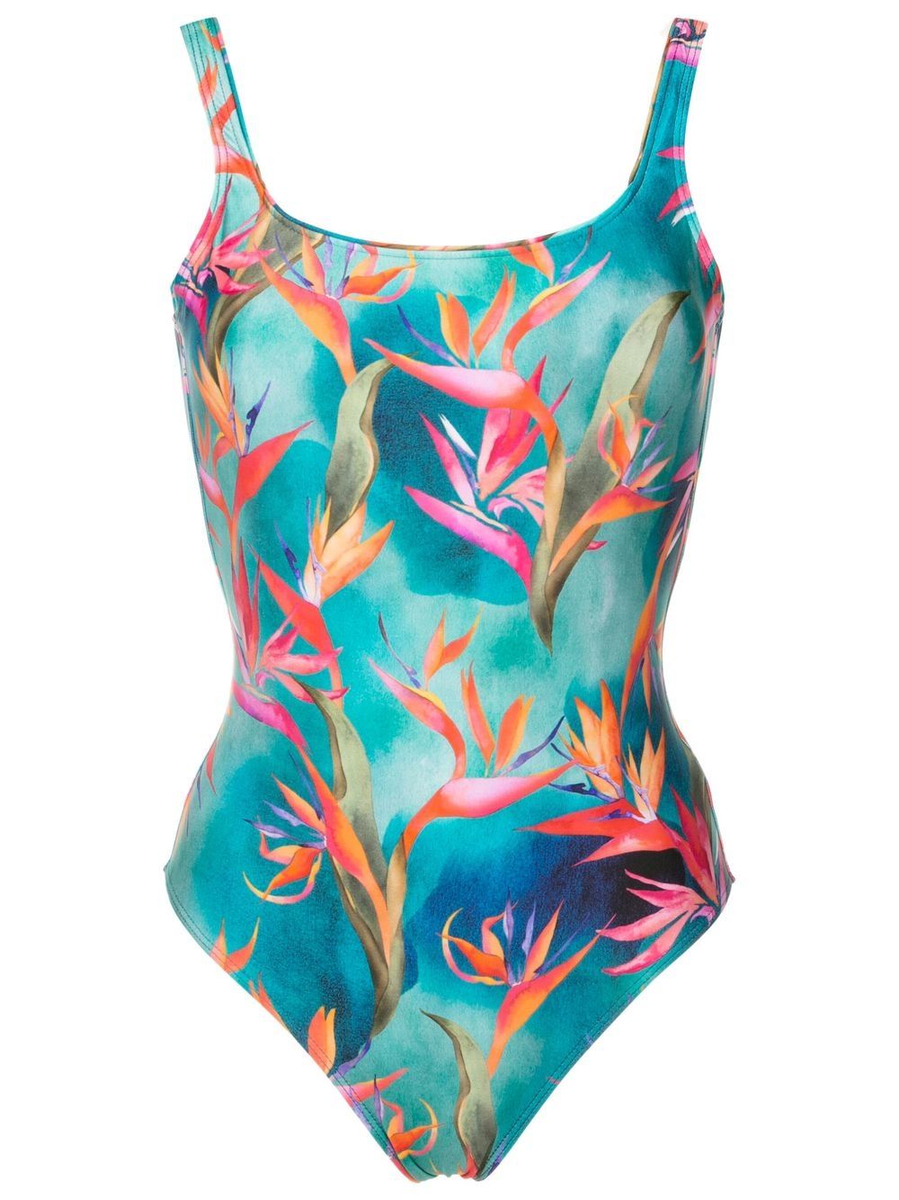 Floral-print u-neck swimsuit - Blue