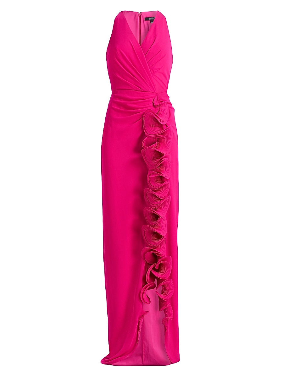 Women's Ruffle-Front Surplice Neck Gown - Magenta