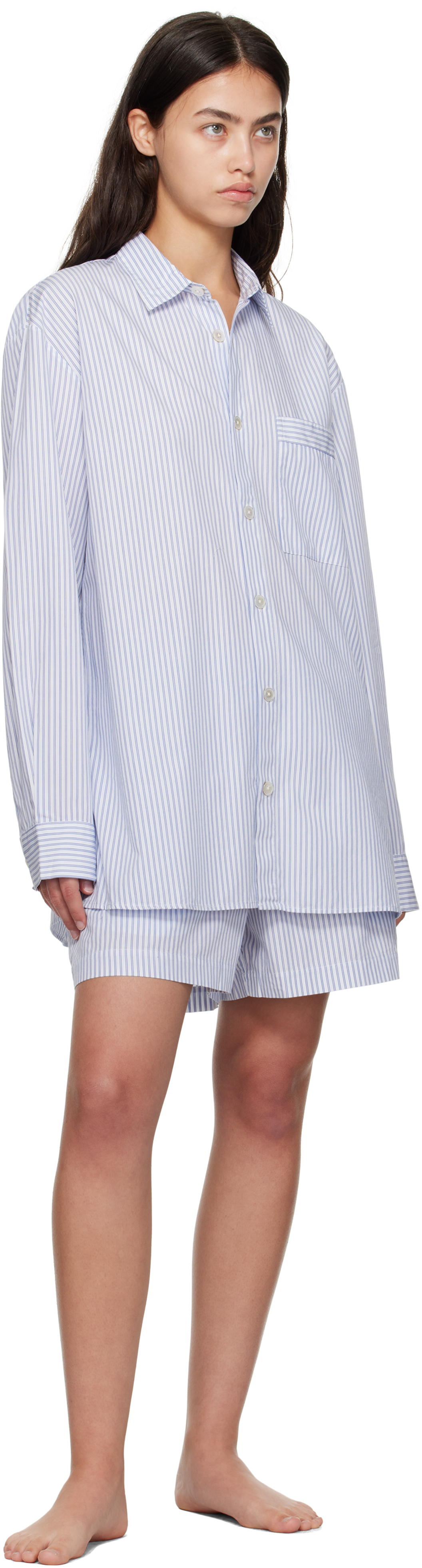 White & Blue Poplin Long-Sleeved Pyjama Shirt