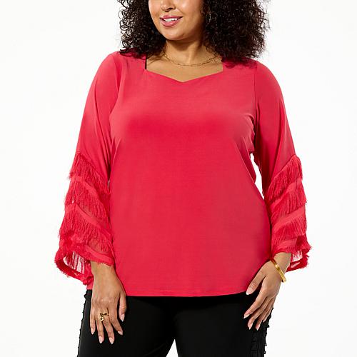 Eyelash Knit Bell-Sleeve Blouse - Red