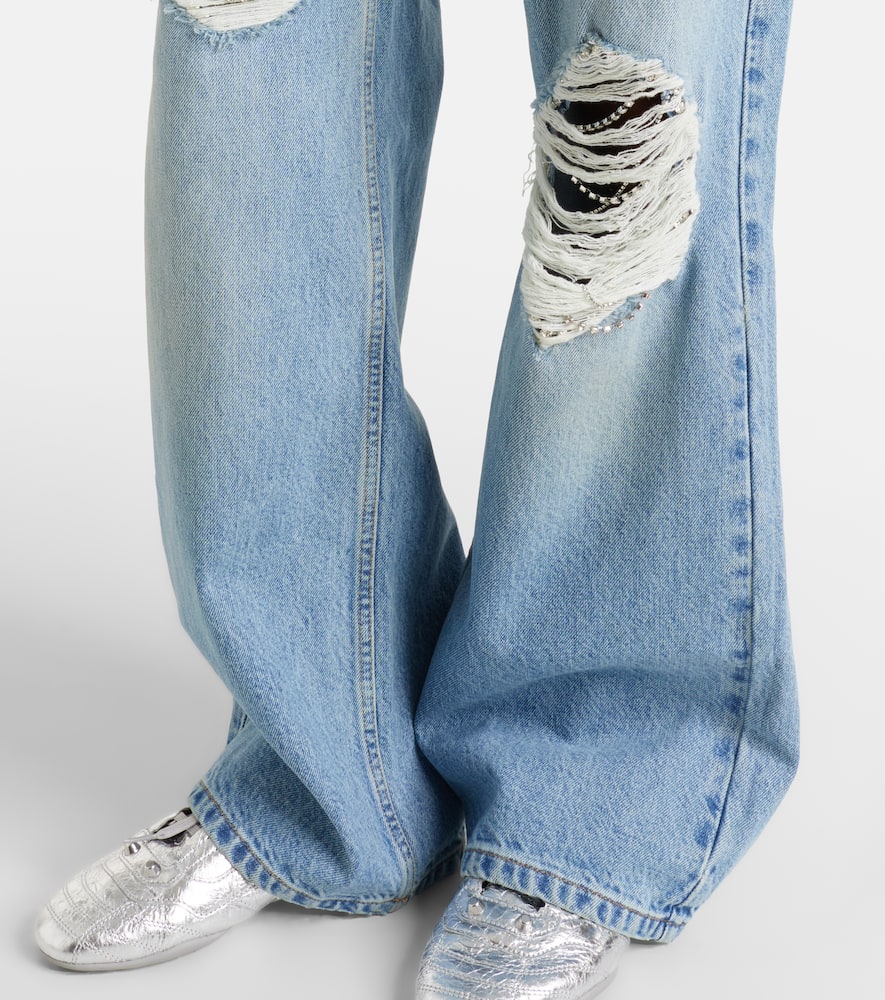 Distressed embellished wide-leg jeans