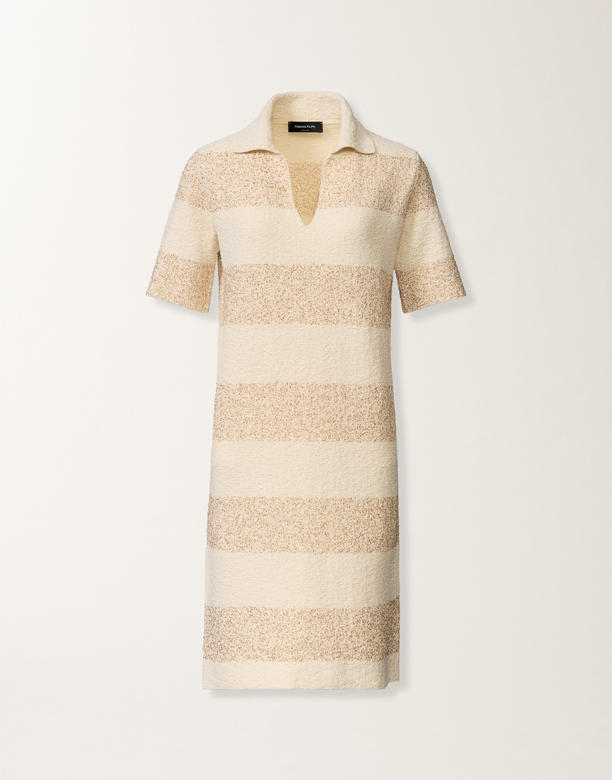 Striped cotton tweed dress with sequins, in butter and khaki