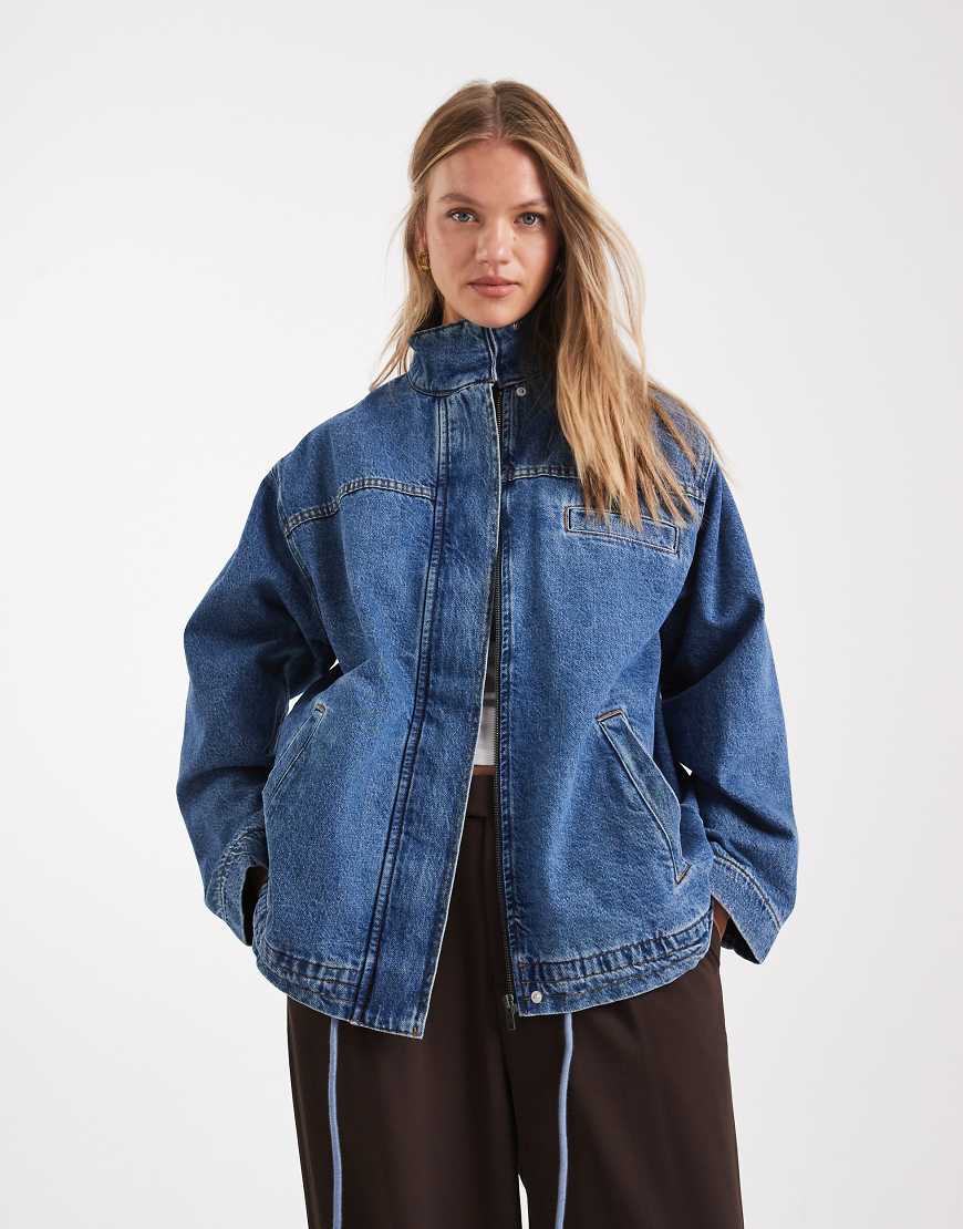 Denim funnel neck jacket-Blue