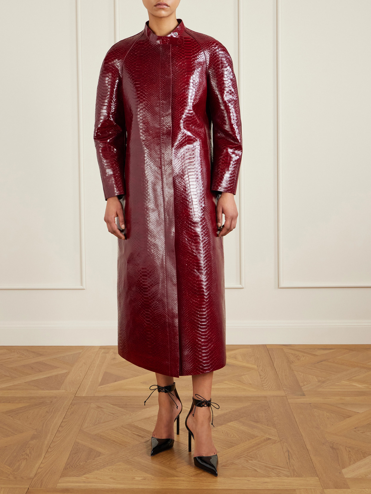 Snake-effect Leather Coat - Burgundy