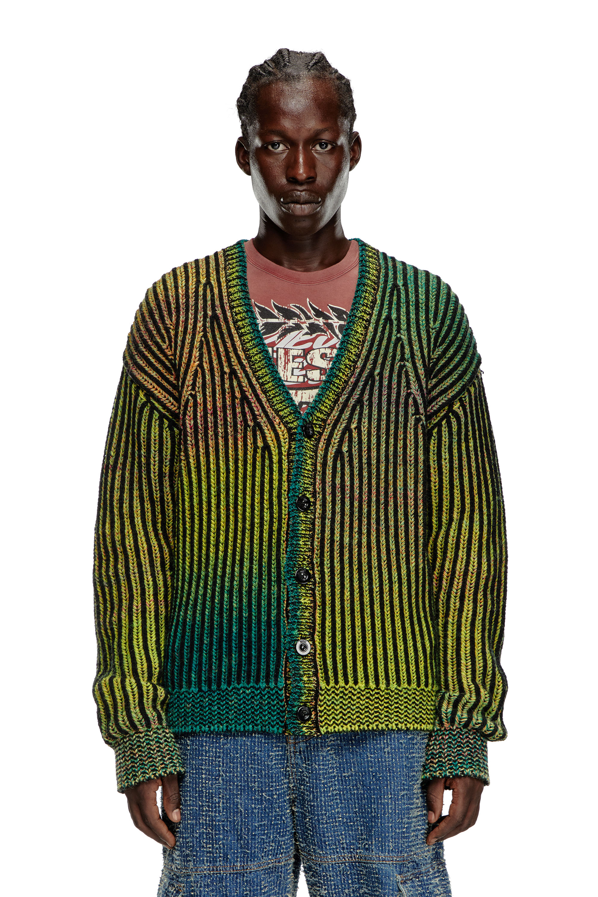 Striped ribbed cardigan in wool blend - Knitwear - Man - Green