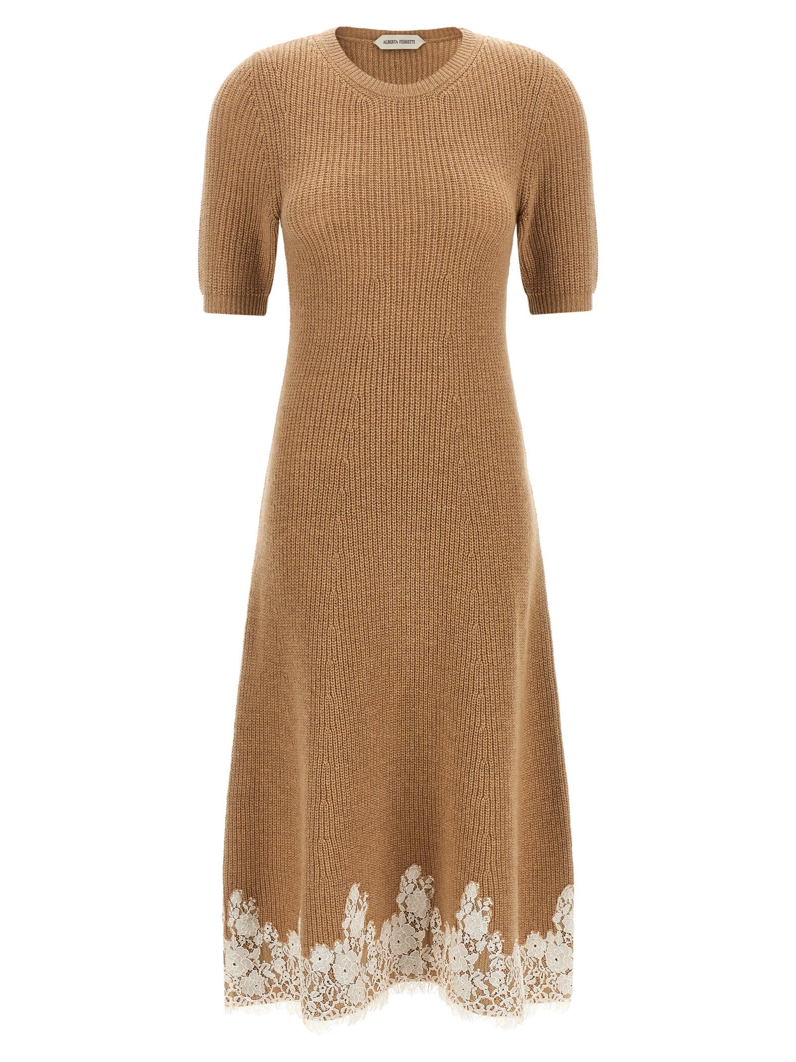 Lace-Trimmed Ribbed Knit Dress — Camel