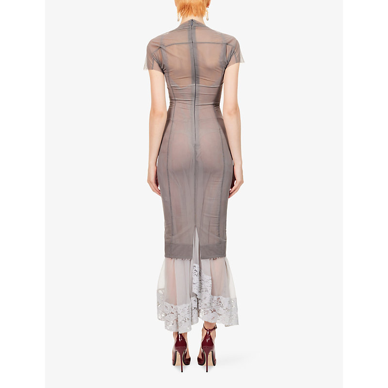 Womens Cloudy Border Short-Sleeve Stretch-Mesh Maxi Dress