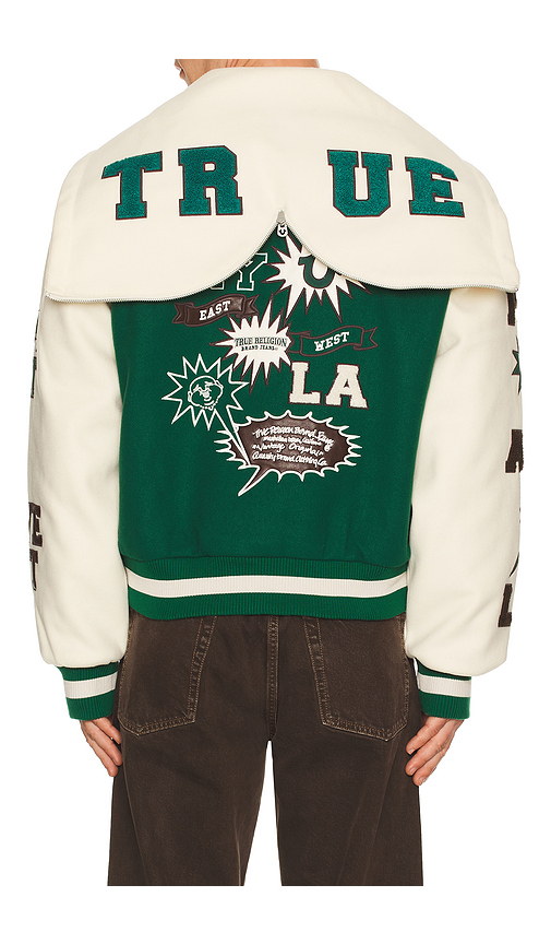 True Religion Retro Wool Varsity Jacket in Green,White. L. Also in S, XL/1X