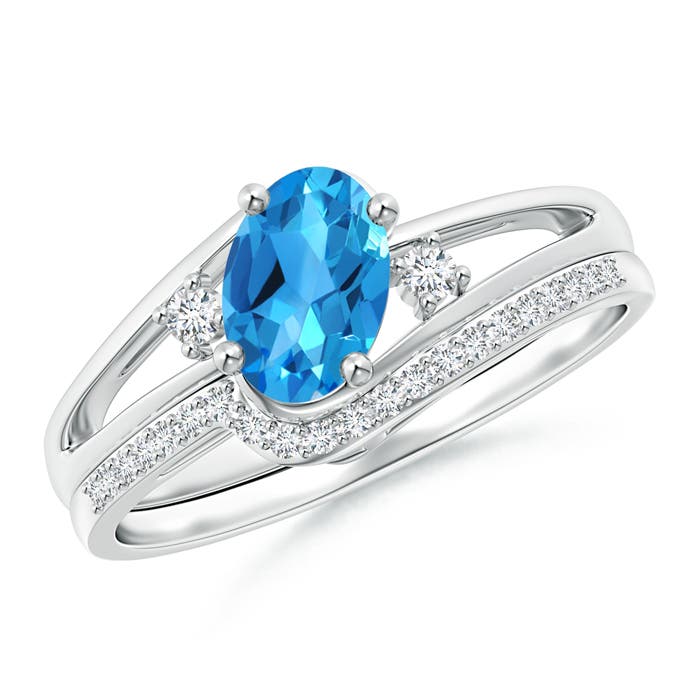 Angara 0.95 Carat Oval Swiss Blue Topaz and Diamond Bridal Set in Platinum