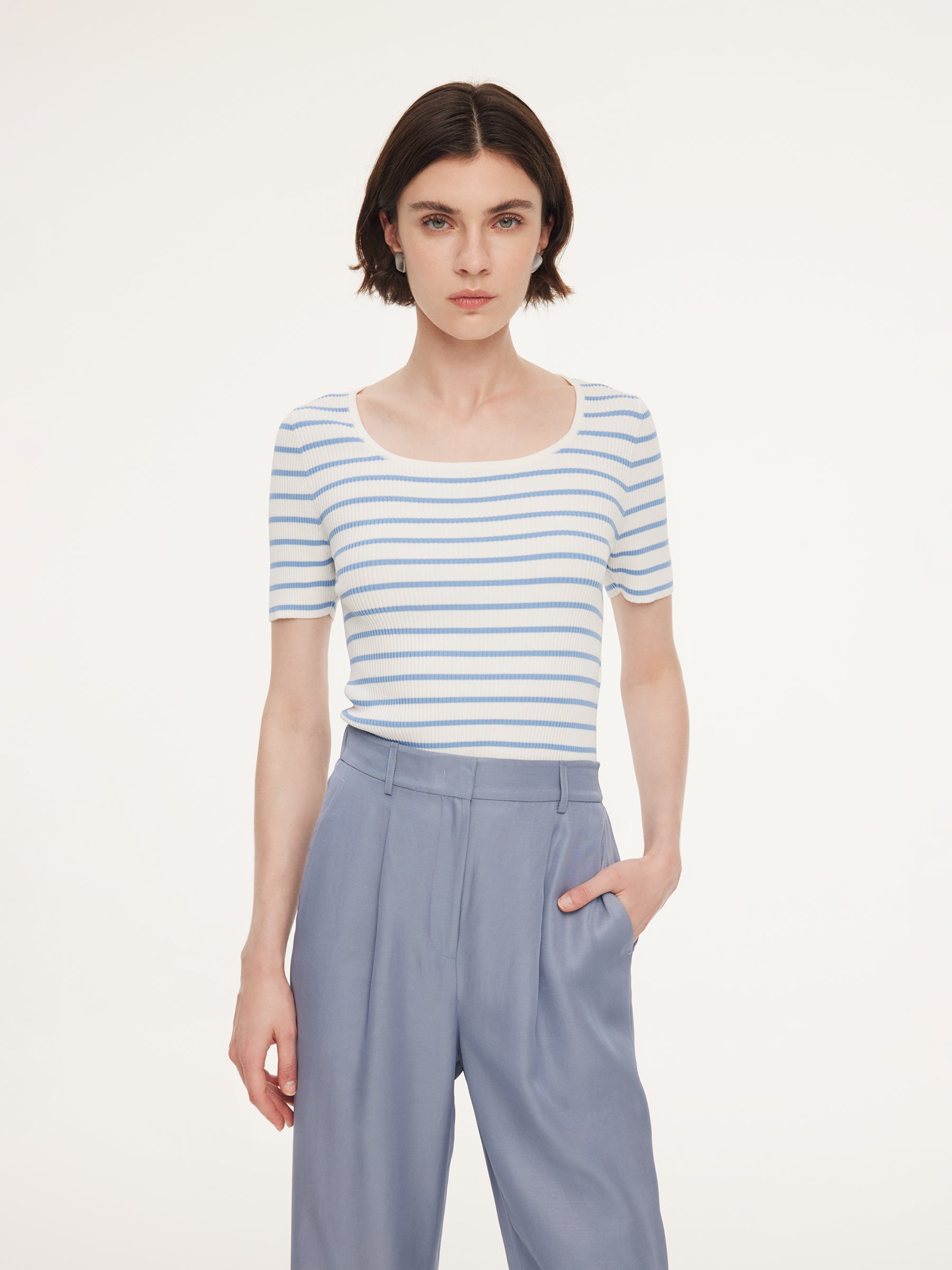 Lyocell Blend Stripe Square Neck Women Knit Top