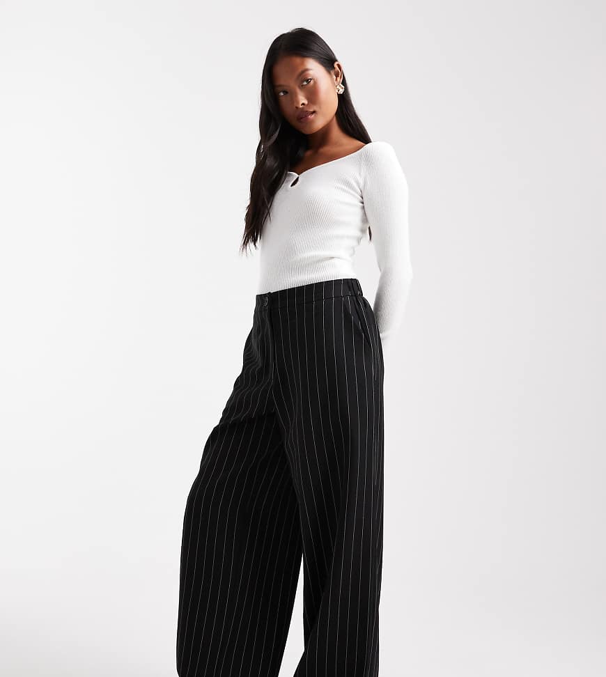 Petite tailored relaxed straight leg pants in black pinstripe