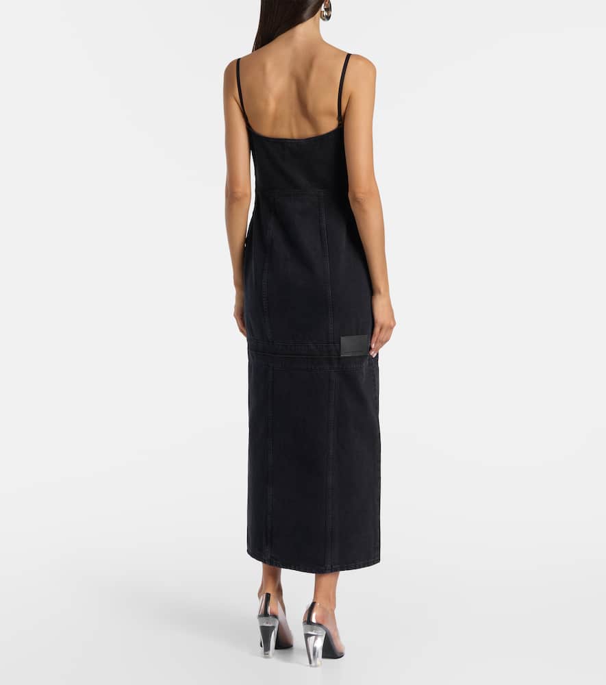 Lace-trimmed denim maxi dress