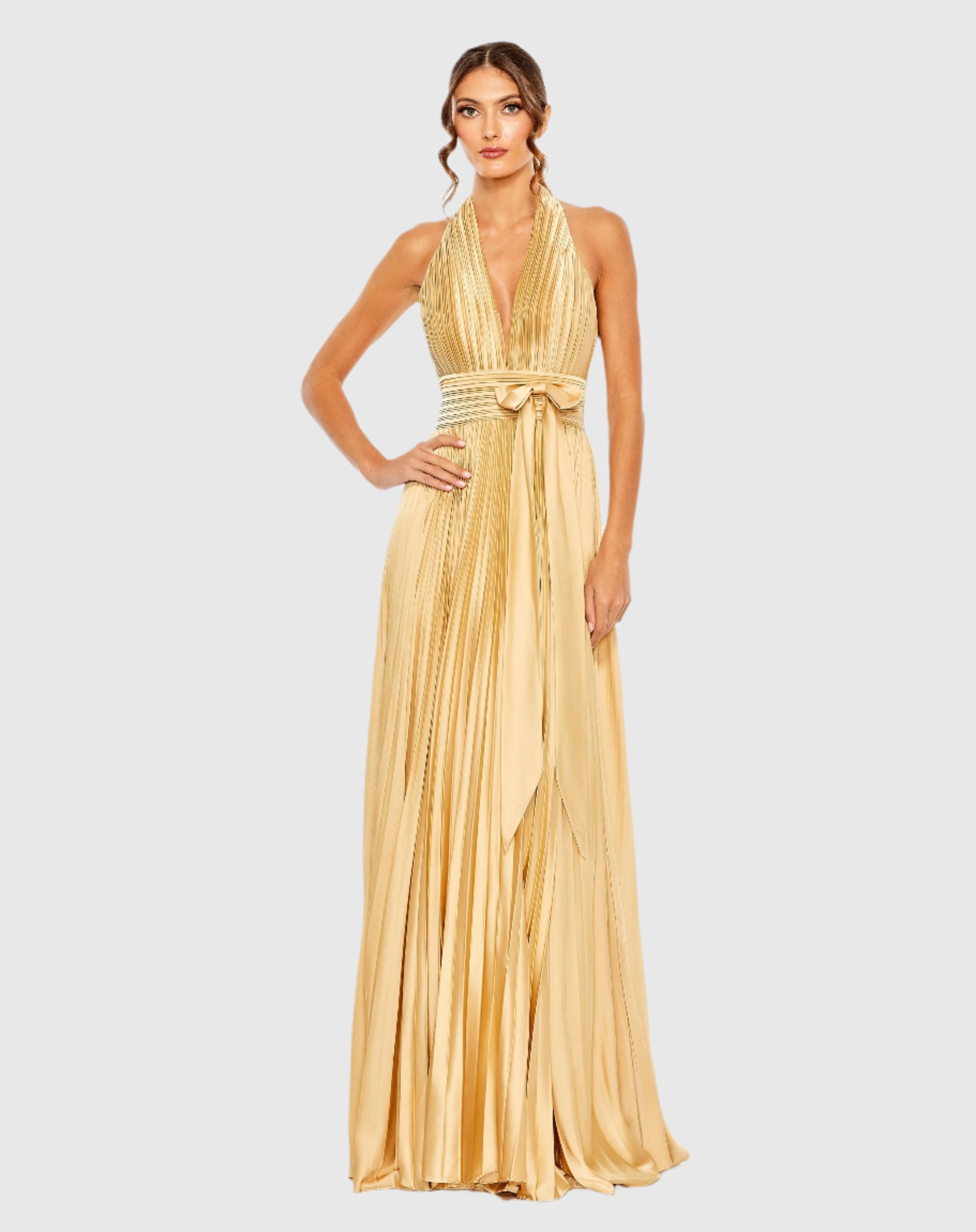 Gold Pleated Halter Neck Wedding Guest Maxi Gown with Center Bow