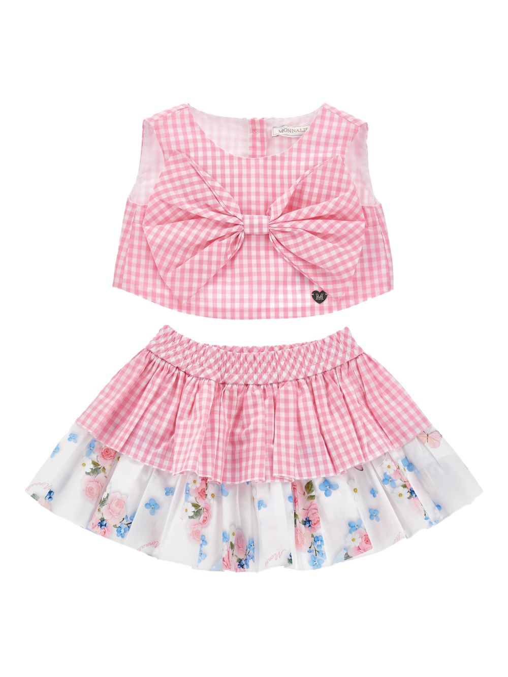 Mini Gingham Floral Print Dress with Bow Detail