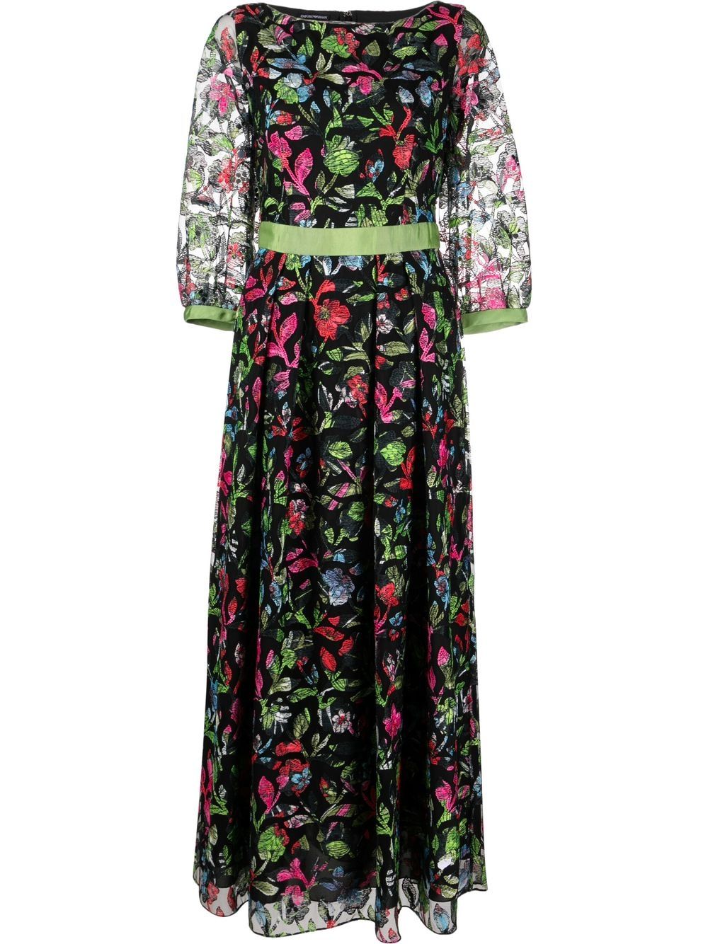 Floral-embroidered sheer-sleeve dress - Black