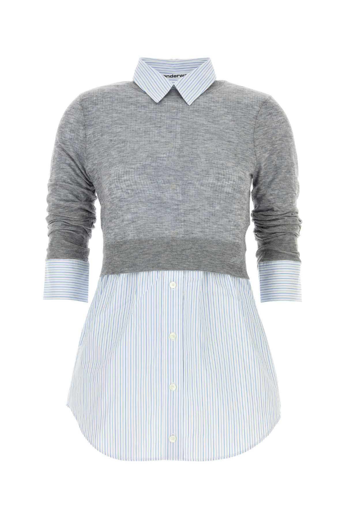 Mixed-Media Knit and Shirt Blouse — Gray