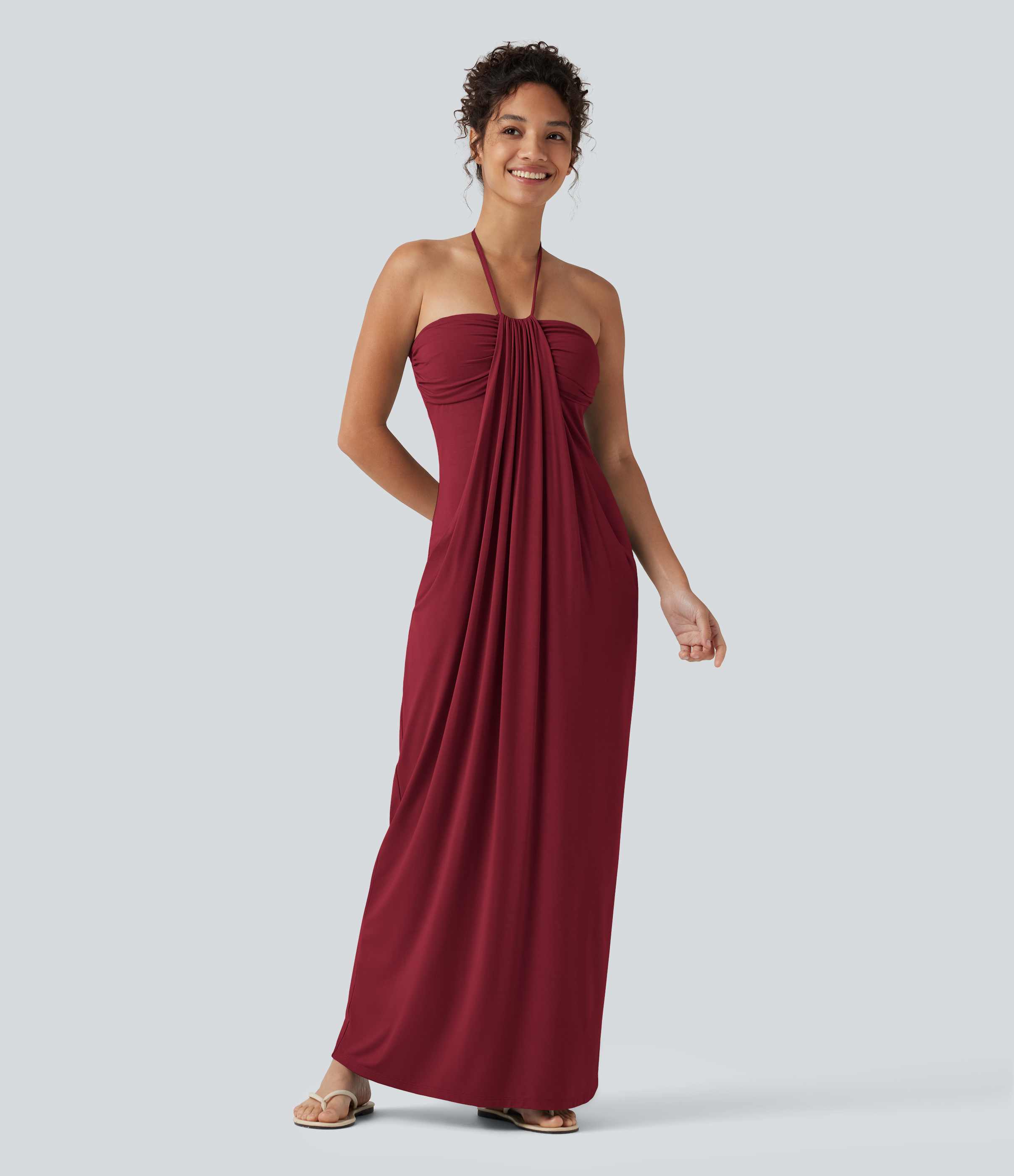 Halter Tie Back Built-in Bra Maxi Dress with Pockets Casual Dress - Emboldened