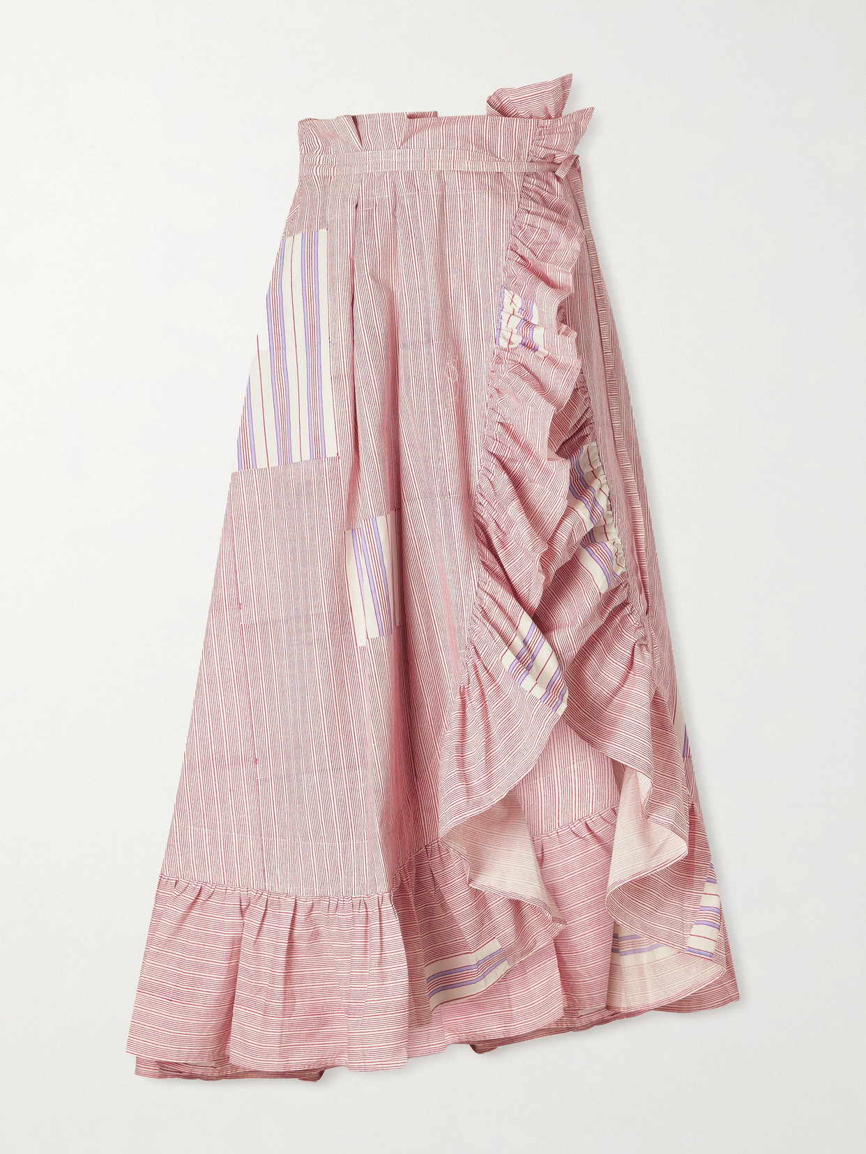 Tasha Ruffled Striped Cotton-voile Wrap Midi Skirt - Pink