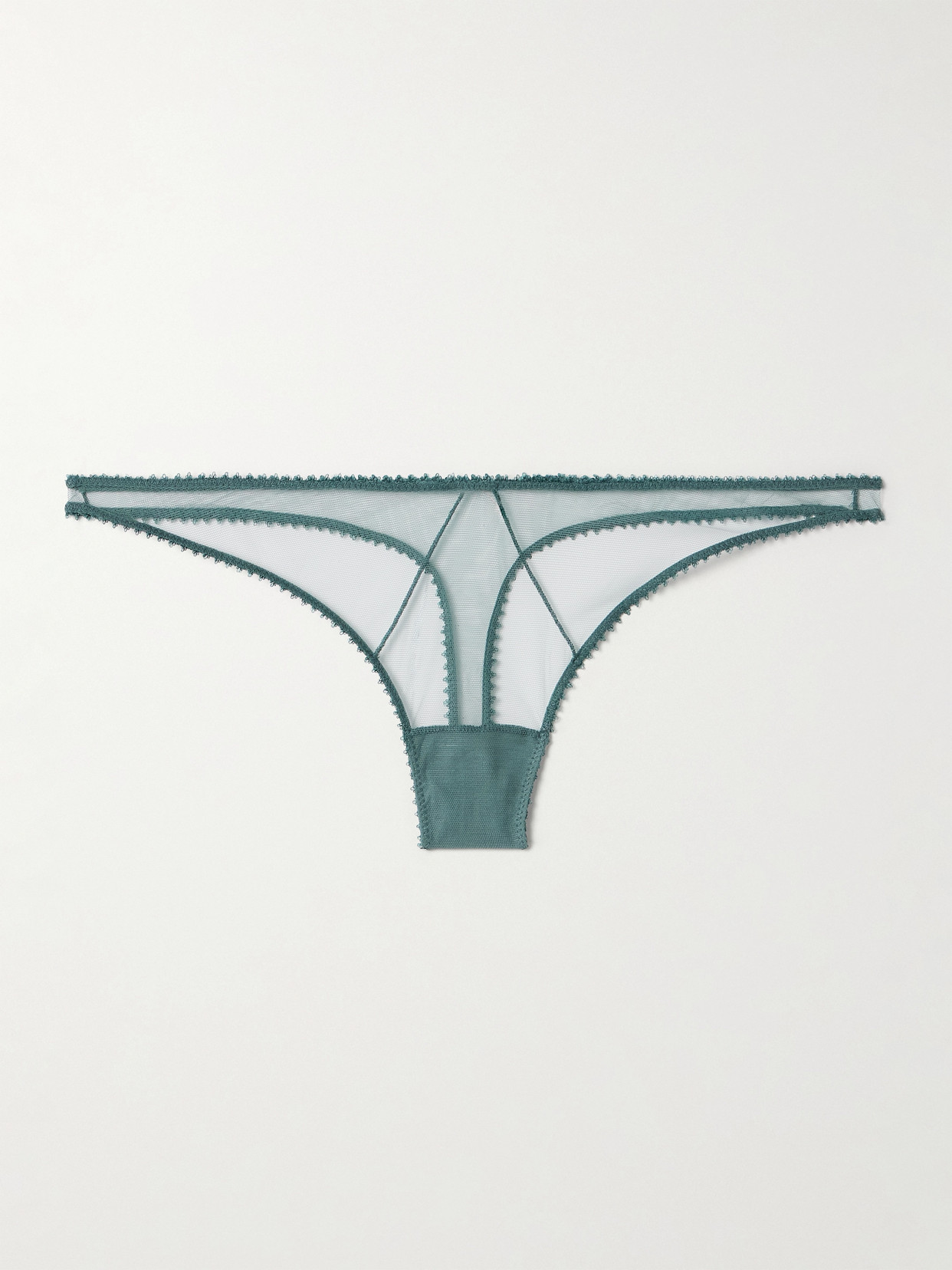 Perle Embroidered Mesh Thong - Green