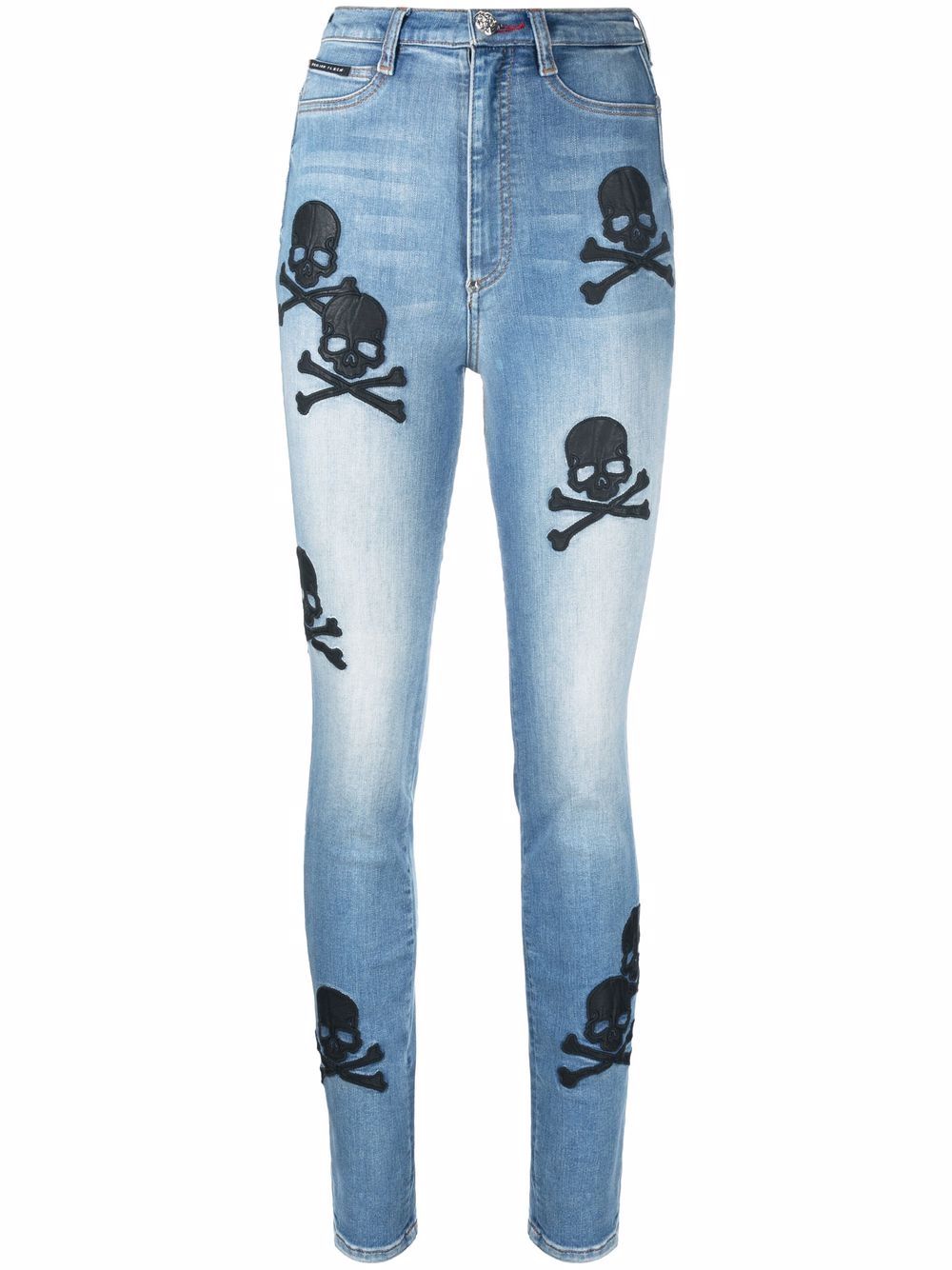 Skull-patches high-waisted skinny jeans - Blue
