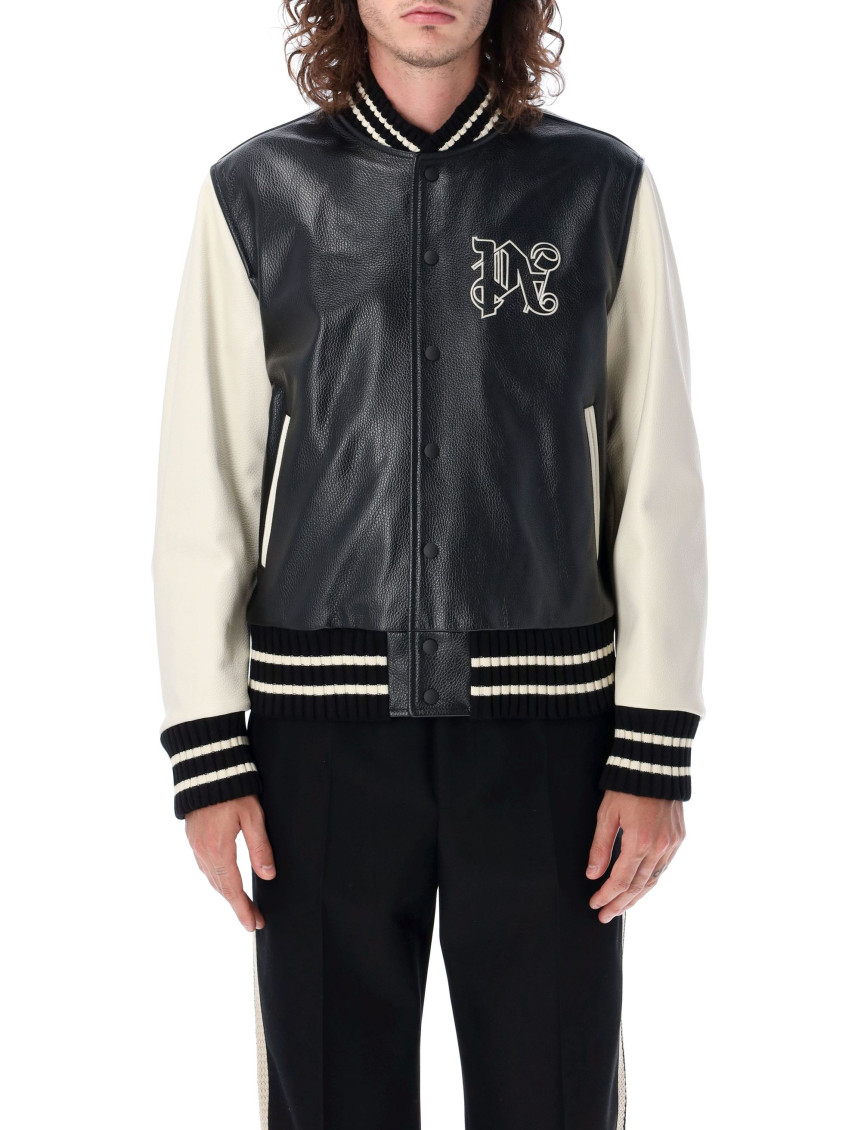 Monogram-print leather varsity jacket - Black