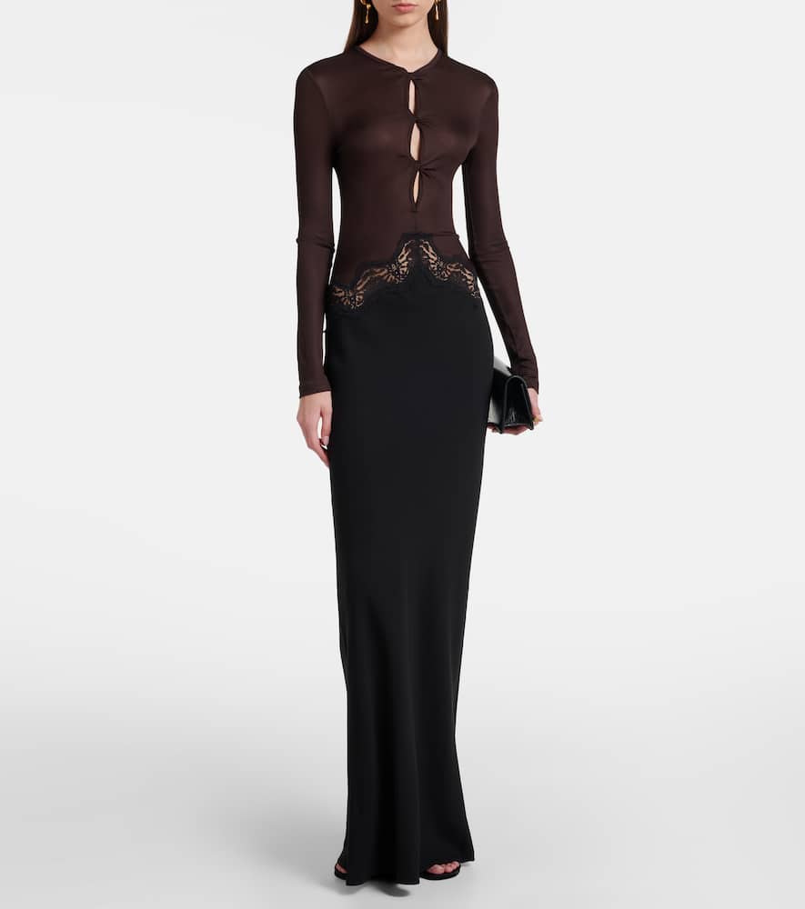 Cutout lace-trimmed jersey gown