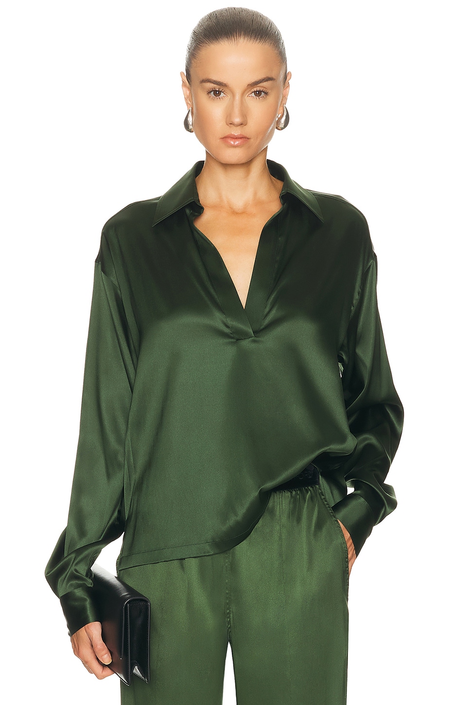 TOM FORD Satin Polo Top in Moss Green - Dark Green. 42 also in