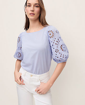 Ann Taylor Petite Embroidered Boatneck Popover Top