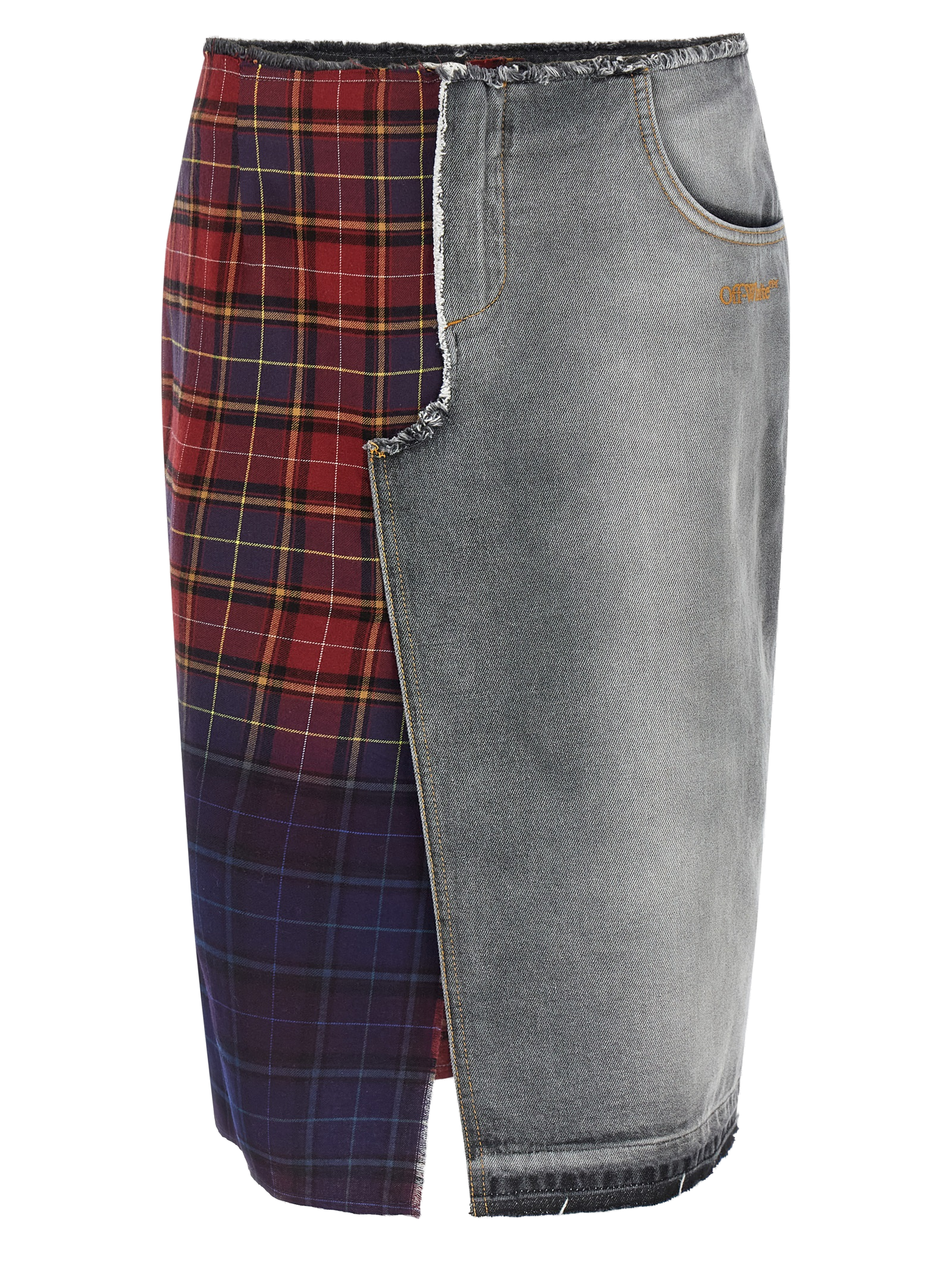 Patchwork Denim and Plaid Skirt — Multicolor