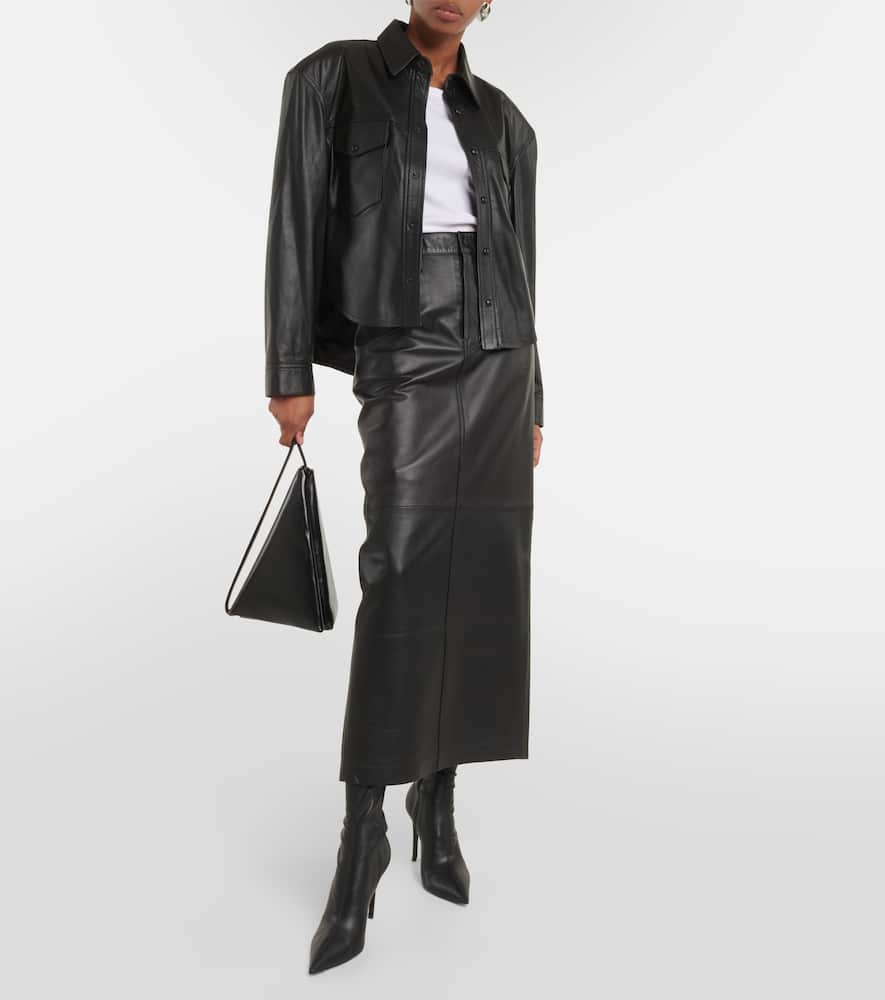 Back-slit leather maxi skirt
