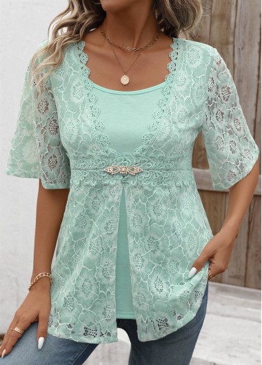 Modlily Mint Green Lace Half Sleeve Fake Two Piece Twinset