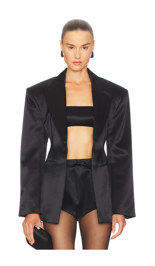 Courtney Zheng Silk Wool Satin Blazer in Black. S also in