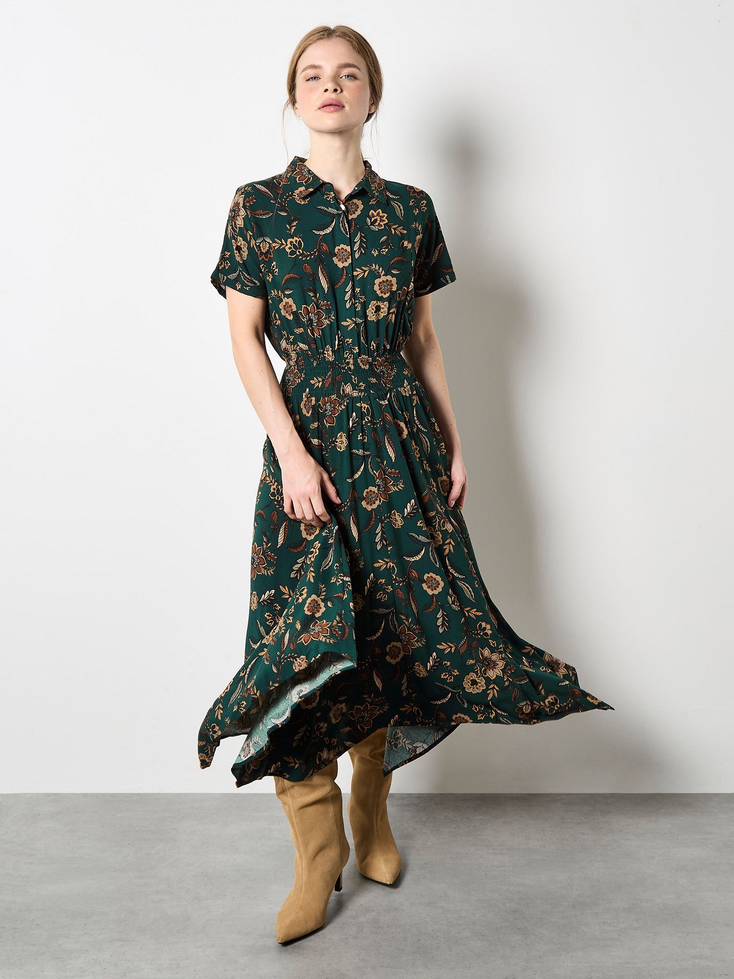 Apricot Women's Sarasa Floral Shirt Midi Dress in Green