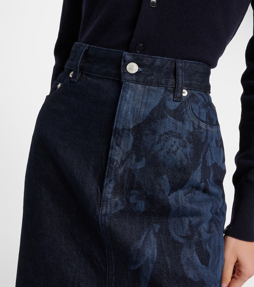Floral flared denim midi skirt