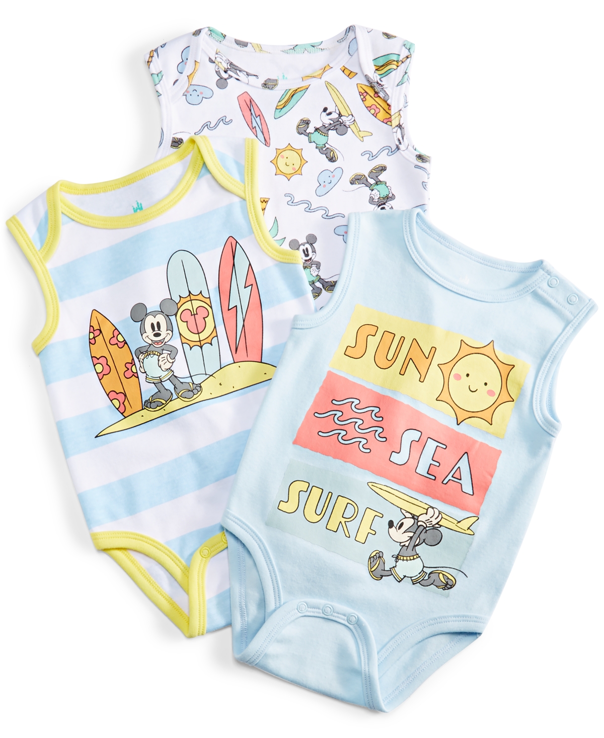 Baby Mickey Mouse Surf Bodysuits, Pack of 3 - Blue Multi