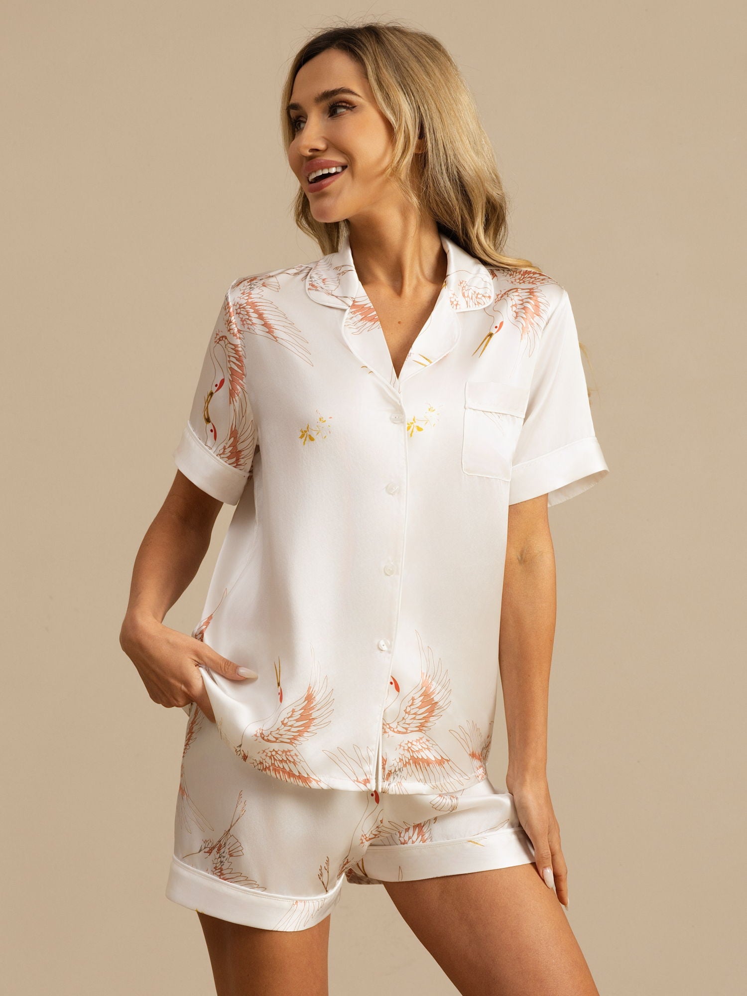 19Momme Pure Silk Crane Print Short Sleeve Notch Collar Women's Pajamas Set