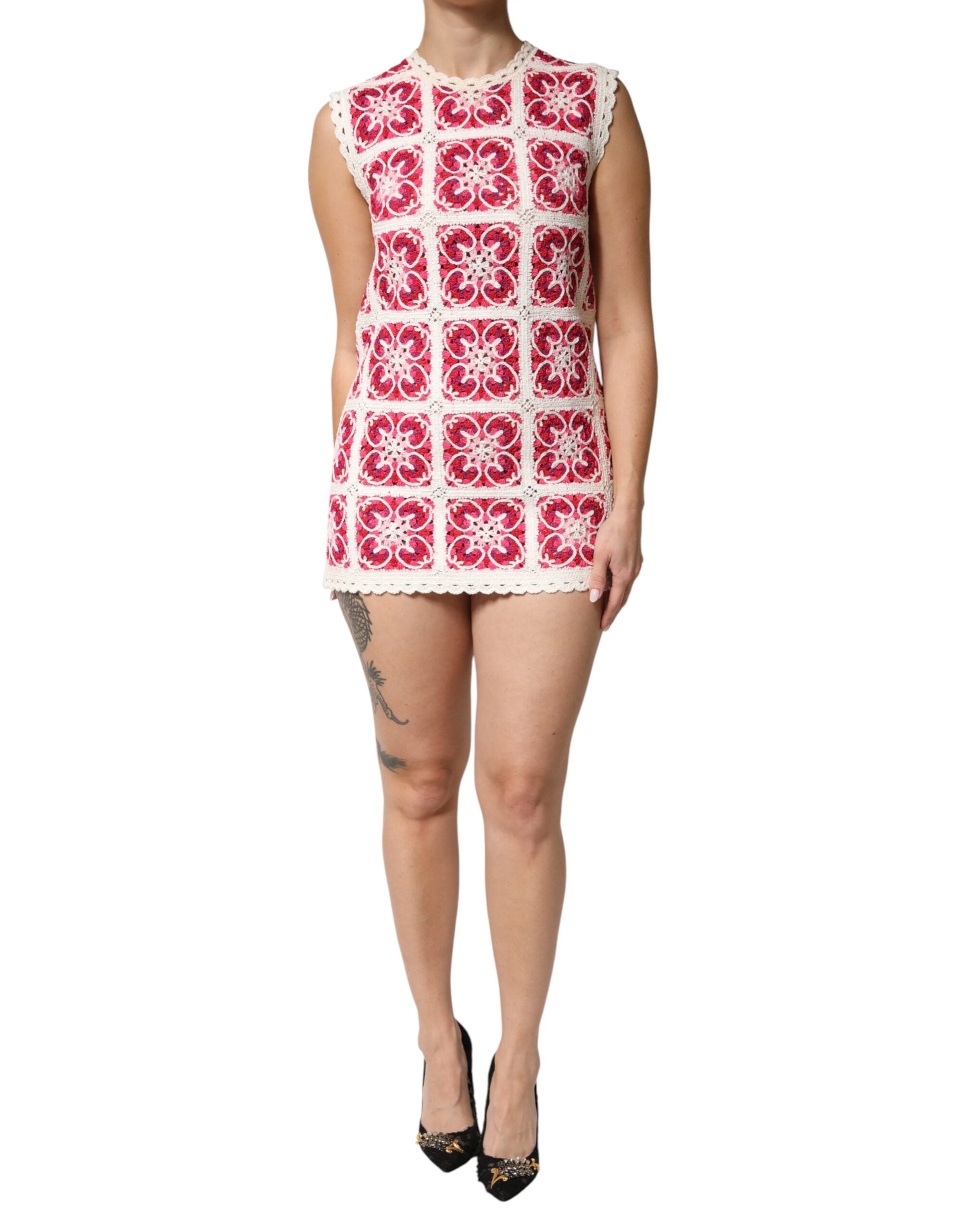 Brick-Stitched Crochet Mini Dress — Red