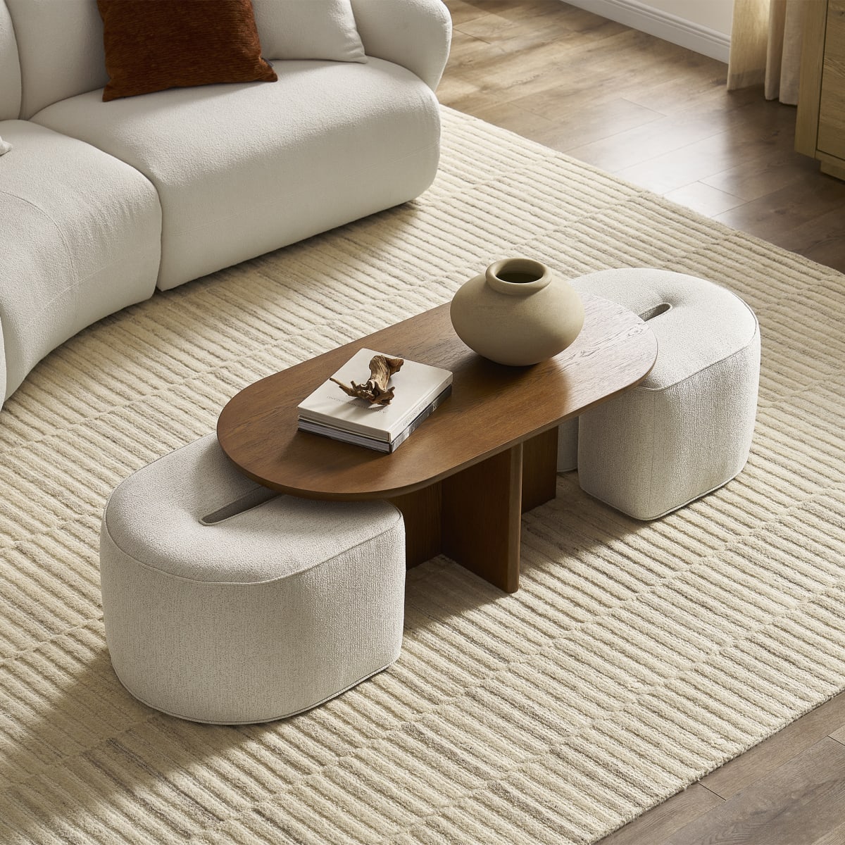 Dark Brown Nesting Rectangular Coffee Table, Beige Seats