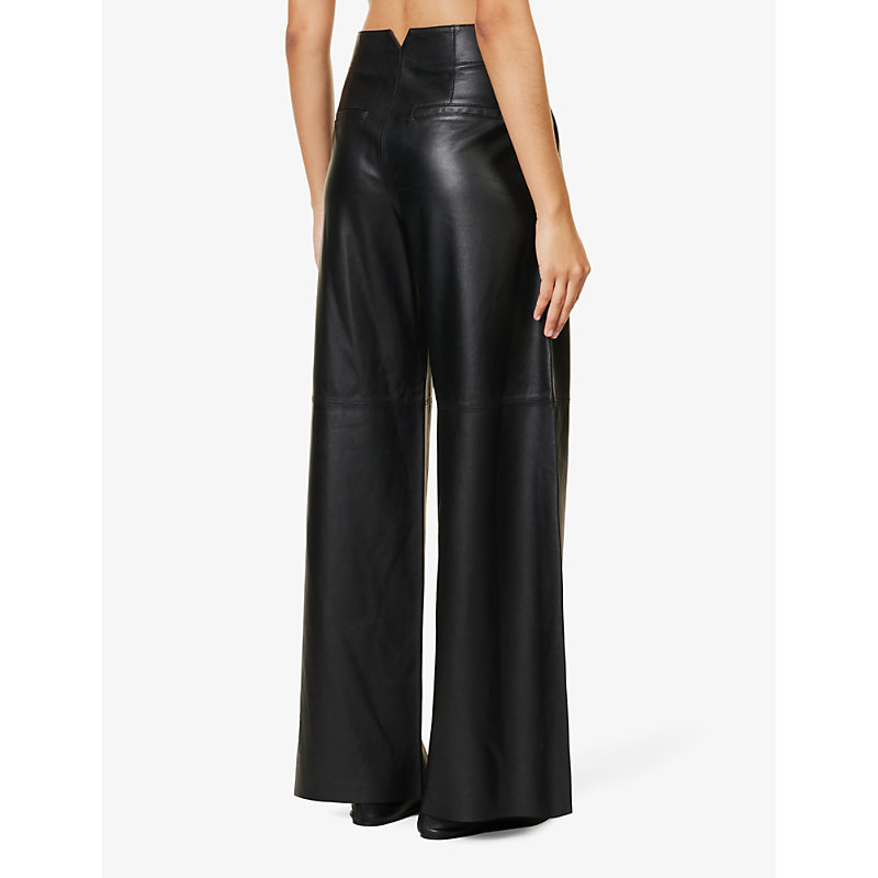 Womens Black Mid-rise Wide-leg Leather Trousers