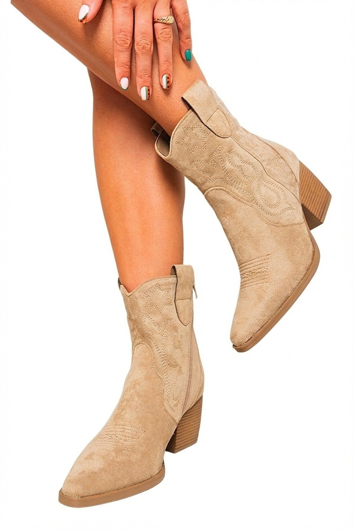 IKRUSH Women's Laura Faux Suede Cowboy Ankle Length Boots in Khaki