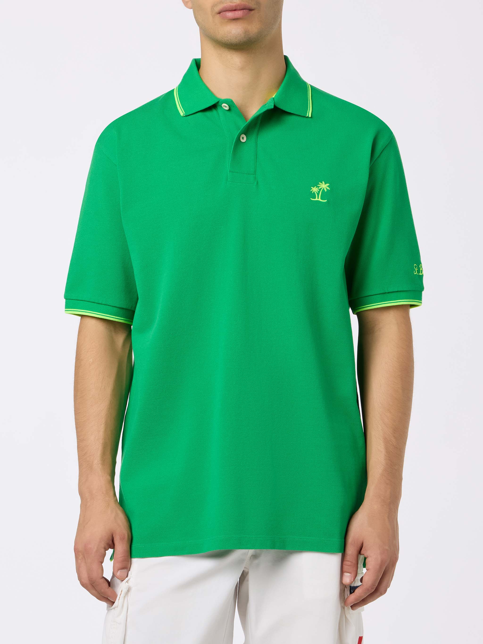 Man Green Cotton Piquet Polo Shirt Beverly Hills With Palm Embroidery __single__ - Men