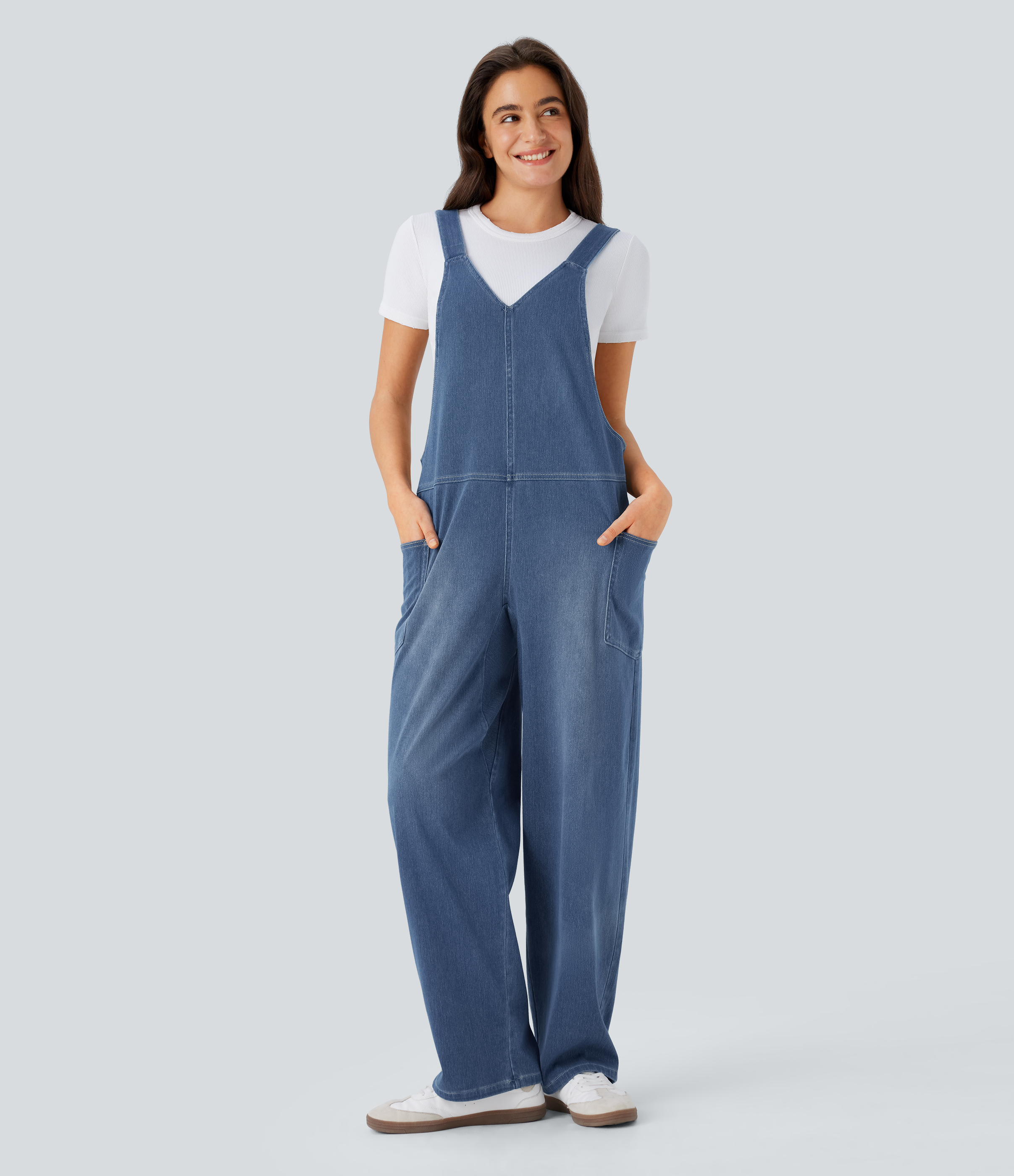 Flex™ V Neck Pocket Washed Denim Casual Overalls  - Light Floral Blue Denim