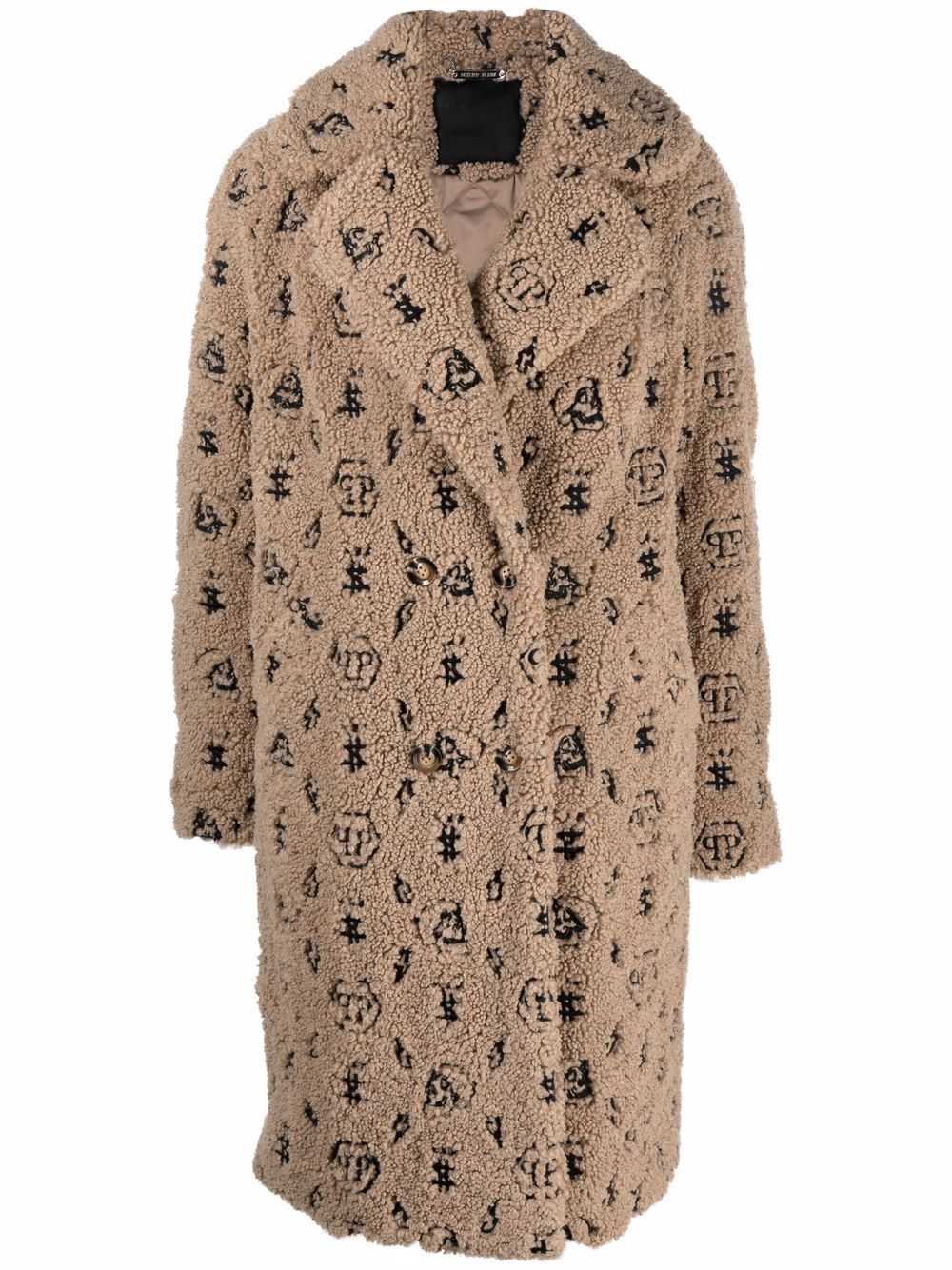 Embroidered monogram faux-shearling coat - Neutrals